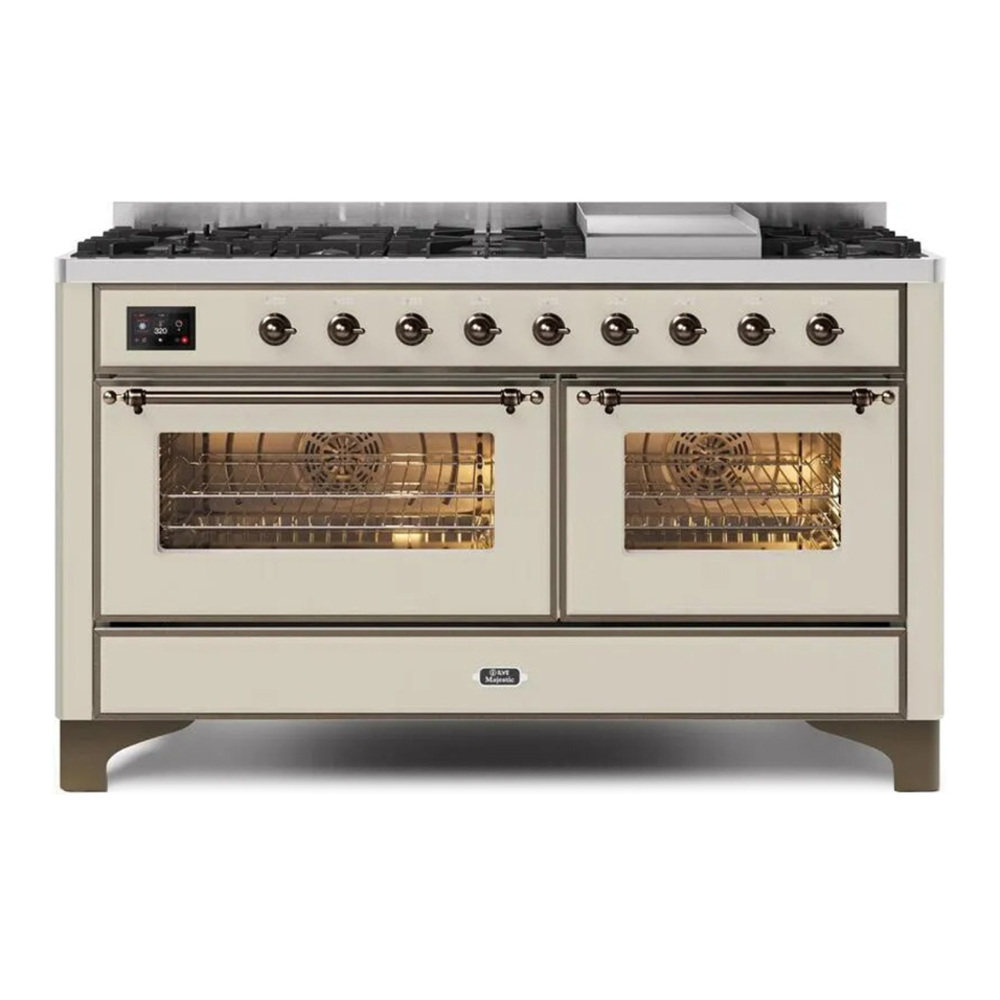 ILVE UM15FDNS3AWBLP Majestic II 60 inch Dual Fuel Range with 9 Burners, Griddle (Liquid Propane, Triple Glass Door, Antique White, Burnished)