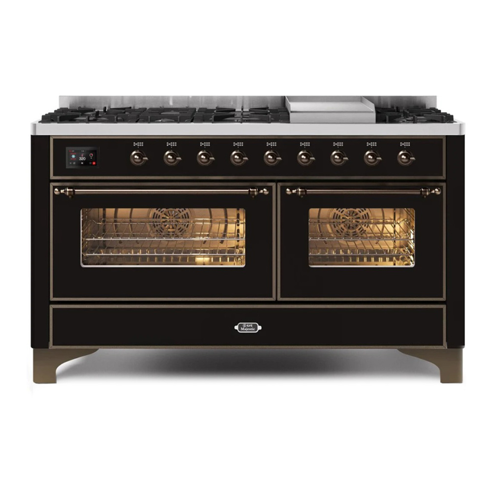 ILVE UM15FDNS3BKBLP Majestic II 60 inch Dual Fuel Range with 9 Burners, Griddle (Liquid Propane, Triple Glass Door, Glossy Black, Burnished)
