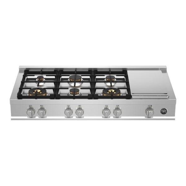 Bertazzoni MAST486GRTBXT 48 inch Master Series Gas Rangetop with 6 Brass Sealed Burners, Electric Griddle, Cast Iron Grates, Failsafe Thermocouple Technology, in Stainless Steel (Natural Gas)