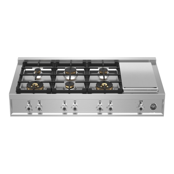 Bertazzoni PROF486GRTBXT 48 inch Professional Series Gas Rangetop with 6 Brass Sealed Burners, Electric Griddle, Cast Iron Grates, Failsafe Thermocouple Technology, in Stainless Steel (Natural Gas)