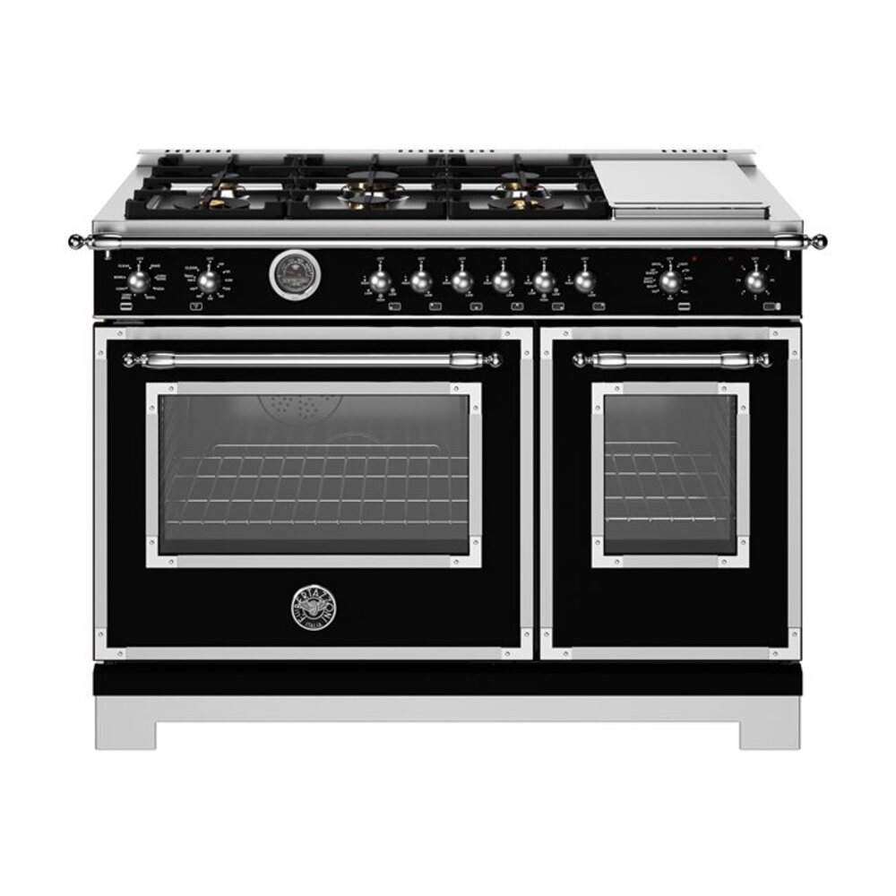 Bertazzoni-HER486BTFEPNET-48 inch Dual Fuel Range, 6 Brass Burners and Griddle, Electric Self-Clean Oven