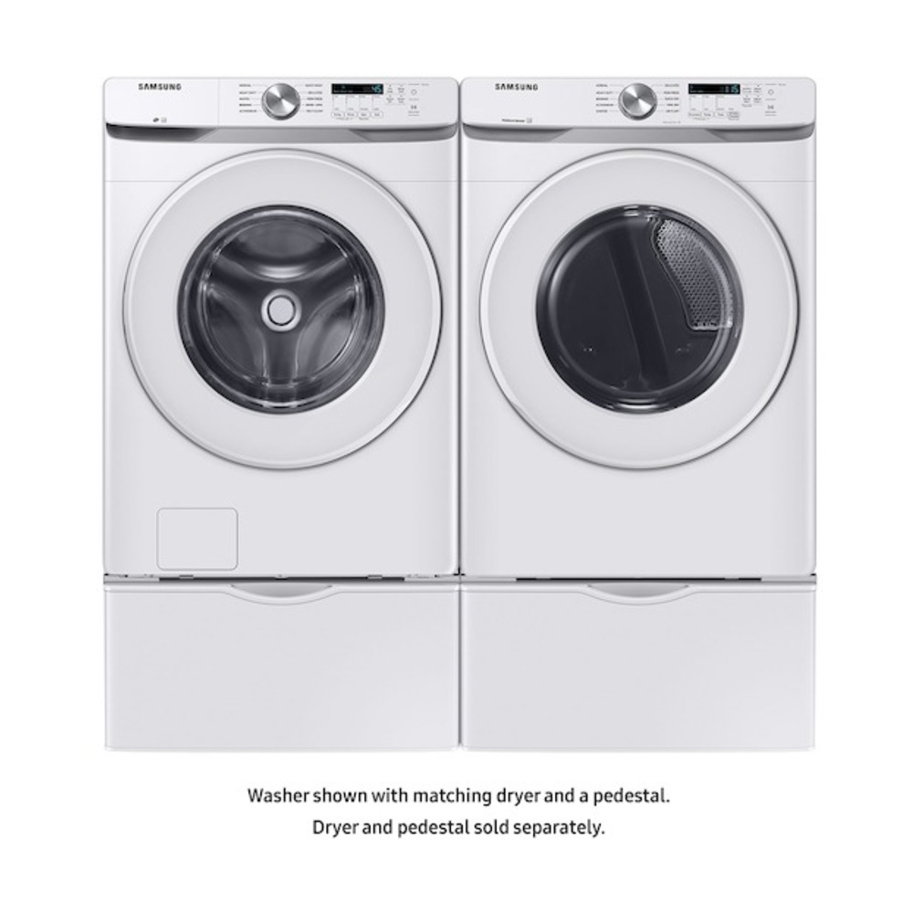 Samsung-WF45T6000AW-front view washer with matching dryer and pedestal