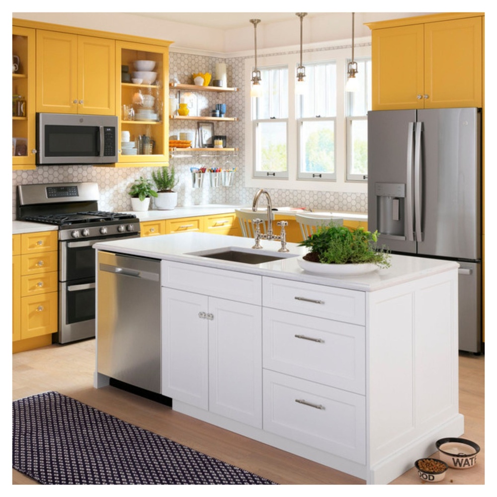 GE-JVM6175YKFS-Bright Yellow Kitchen with Modern Island