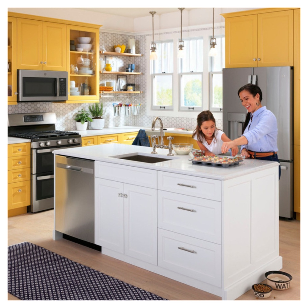 GE-JVM6175YKFS-Bright Yellow Kitchen with Modern Island