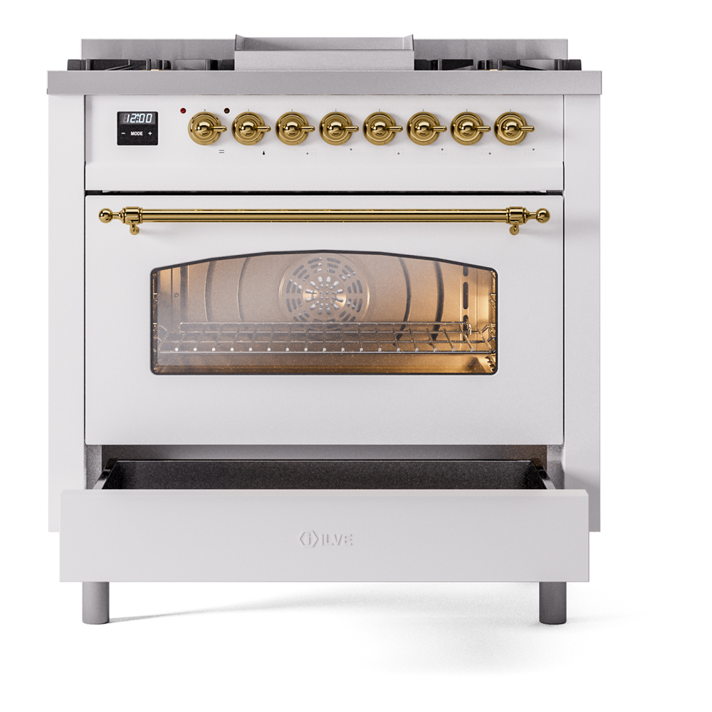 ILVE Nostalgie II 36" UP36FNMPWHG Dual Fuel Range drawer opened